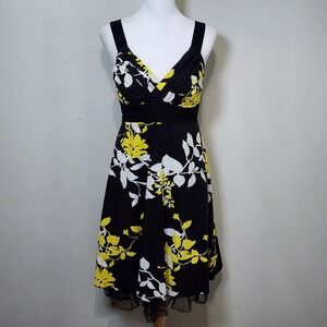 Poet Floral Fit & Flare Dress Womens 9 Black Yellow Swing Party Cocktail Event